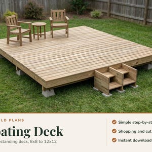 Free Standing Deck Plans 12x12, 10x10 and 8x8, Floating Deck Plans PDF, Easy DIY Deck on Pier Blocks, Stairs, Permit Drawing Set, Cut List