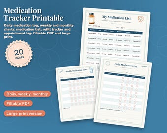 Medication Tracker Printable, Daily Medication Log, Weekly Monthly Chart, Pill Schedule, Refill Tracker, Fillable PDF, Large Print