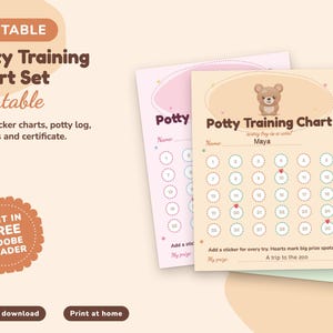 May include: An editable potty training chart set featuring printable pages with a bear illustration, numbered circles for stickers, and text including Potty Training Chart, Name: Maya, and A trip to the zoo. The design includes pink, beige, and blue sheets.