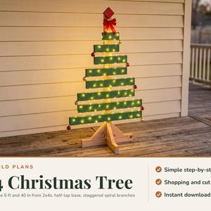 2x4 Christmas Tree Plans, Wooden Christmas Tree Plans, DIY Rustic Porch Tree 5 ft and 40 in, Half-Lap Base, Spiral Branches