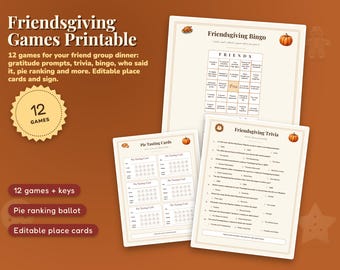 Friendsgiving Games Printable, 12 Games, Gratitude Prompts, Trivia, Would You Rather, Bingo, Who Said It, Pie Ranking, Place Cards