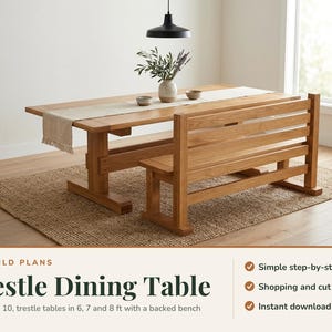 Trestle Dining Table Plans PDF, DIY Farmhouse Dining Table, 2x10 Breadboard Top, Backed Bench Plans, 6 7 8 ft Farm Table