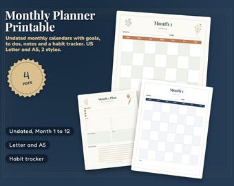 Monthly Planner Printable, Undated Monthly Calendar, Goals, Notes, Habit Tracker, Letter and A5, Month 1 to 12, 2 Styles