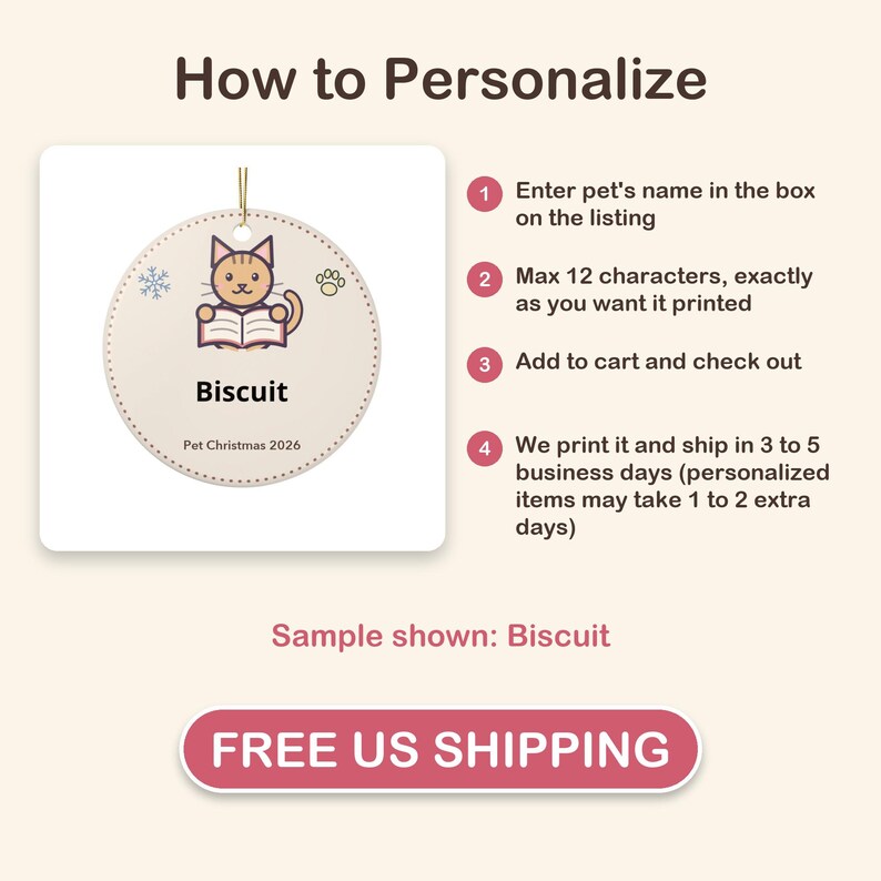 May include: A round, cream-colored ceramic ornament featuring a cartoon cat reading a book, a snowflake, and a paw print. The text reads Biscuit and Pet Christmas 2026. Instructions for personalization are listed next to the ornament.