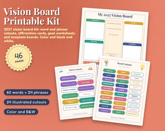 Vision Board Printable Kit 2027, Word Cutouts, Affirmation Cards, Goal Worksheet, Template Boards, Color and Black and White