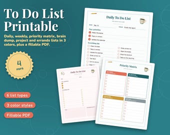 To Do List Printable, Daily Weekly Priority Matrix Brain Dump Project Errands, Fillable PDF, 3 Colors, Undated Planner Pages