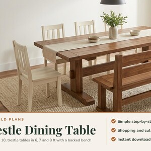 Trestle Dining Table Plans PDF, DIY Farmhouse Dining Table, 2x10 Breadboard Top, Backed Bench Plans, 6 7 8 ft Farm Table