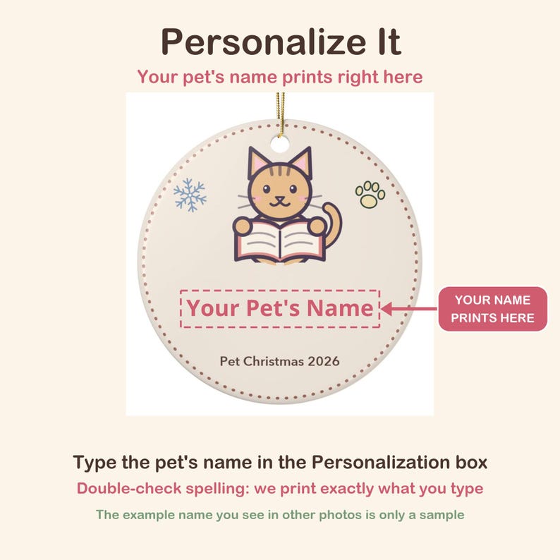 May include: A round ceramic Christmas ornament featuring a cartoon cat reading a book, a snowflake, and a paw print. The text reads Your Pet's Name and Pet Christmas 2026. The design includes a gold hanging string at the top center.