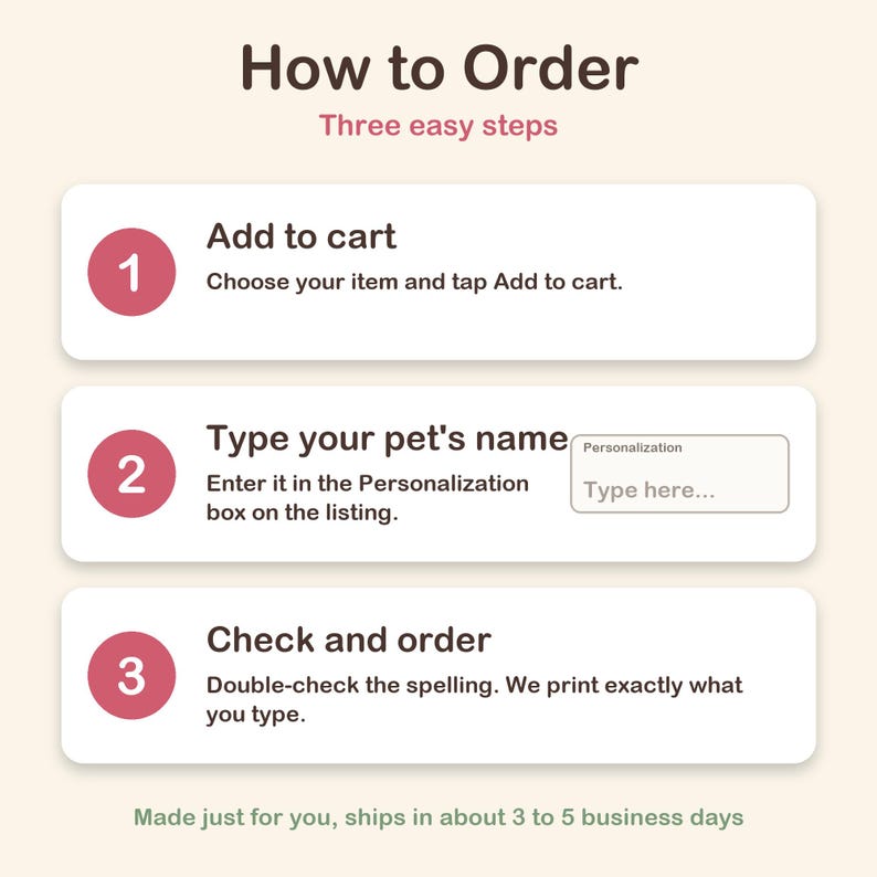 May include: An instructional graphic titled How to Order with three steps. Step 1: Add to cart. Step 2: Type your pet's name in the Personalization box. Step 3: Check and order. Includes a visual representation of a text entry box labeled Type here.