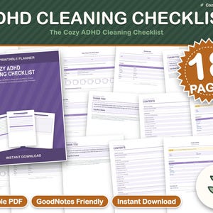 May include: A printable ADHD cleaning checklist planner with 18 pages. The purple cover features the text "The Cozy ADHD Cleaning Checklist" and "Printable Planner." The interior pages include various cleaning schedules, task lists, and grids.