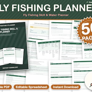 Diario di pesca a mosca stampabile, pianificatore di pesca, piano di allenamento al lancio, inventario della scatola di mosche, guida ai corsi d'acqua per trote, regalo per appassionati di pesca a mosca