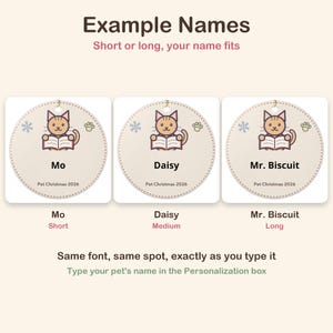 May include: Three circular beige ornaments featuring a cartoon cat reading a book, a snowflake, and a paw print. The text reads Example Names, Short or long, your name fits, Mo, Daisy, Mr. Biscuit, Pet Christmas 2026, and Type your pet's name.