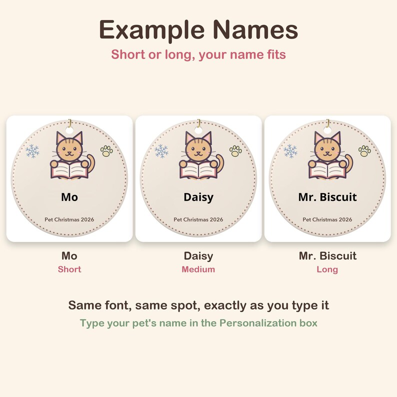 May include: Three circular beige ornaments featuring a cartoon cat reading a book, a snowflake, and a paw print. The text reads Example Names, Short or long, your name fits, Mo, Daisy, Mr. Biscuit, Pet Christmas 2026, and Type your pet's name.
