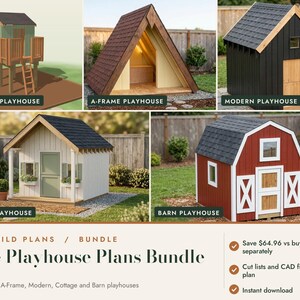 Kids Playhouse Plans Bundle, 5 Playhouse Plans: Treehouse, A-Frame, Modern, Cottage, Barn, DIY Wooden Playhouse, Permit Drawing Set