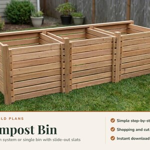 Compost Bin Plans, 3 Bin and Single Compost Bin Plans PDF, Wooden Composter with Removable Front Slats, Cut List, Materials List