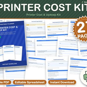 Può includere: Un kit digitale per i costi e la manutenzione della stampante con 27 pagine di fogli di lavoro stampabili, inclusi fogli di calcolo per il costo per pagina, schede decisionali d'acquisto, pianificatori di budget per la carta e diagrammi di flusso.