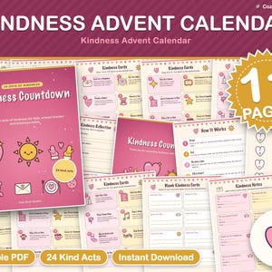 以下が含まれることがあります： 11ページのカード、トラッカー、メモを含む印刷可能なKindness Advent Calendar PDFセット。ピンクの表紙にはハート、太陽、アイコンが描かれています。テキスト：Kindness Countdown、24 Days of Kindness、24 Kind Acts。