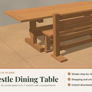 Trestle Dining Table Plans PDF, DIY Farmhouse Dining Table, 2x10 Breadboard Top, Backed Bench Plans, 6 7 8 ft Farm Table