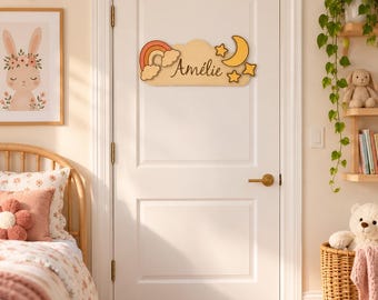 Personalized children's room door sign | Rainbow, cloud, moon, stars | Wooden nameplate for children, 42 cm | Gift for birth or christening