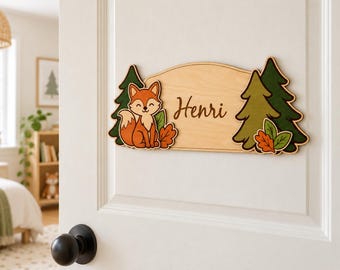 Personalized children's room door sign | Fox, forest, fir trees, woodland animals | Wooden nameplate for children, 39 cm | Gift for birth or christening