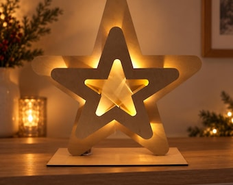 Wooden Christmas star with or without LED light | 3D standing star 28 cm | Christmas decoration, Advent decoration, table decoration, gift
