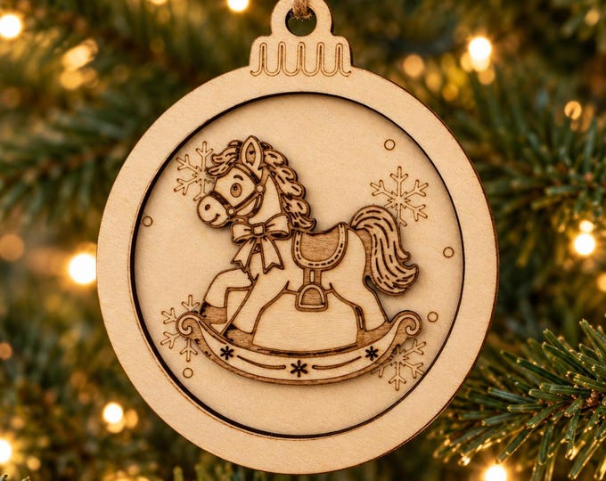 Wooden Christmas rocking horse ornament | Christmas tree decoration, linden wood Christmas bauble, 9 cm | Christmas gift tag