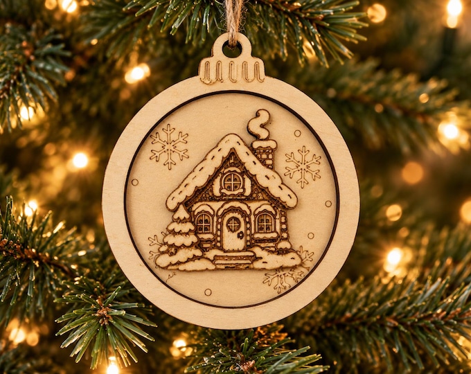 Wooden Christmas ornament, winter house | Christmas tree decoration, Christmas bauble, linden wood, 9 cm | Christmas gift tag