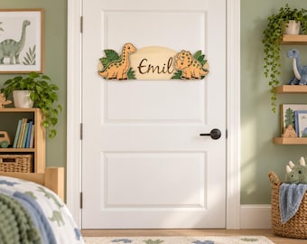 Personalized children's room door sign | Dinosaur jungle dino | Wooden nameplate for boy, 38 cm | Gift for birth or christening