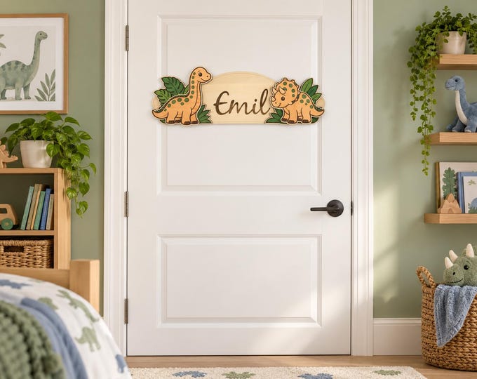 Personalized children's room door sign | Dinosaur jungle dino | Wooden nameplate for boy, 38 cm | Gift for birth or christening