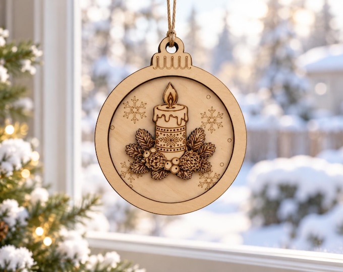 Christmas ornament, wooden candle with fir branches | Christmas tree decoration, Christmas bauble, linden wood, 9 cm | Christmas gift tag