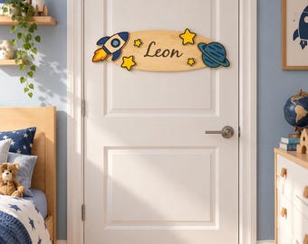 Personalized children's room door sign | Rocket, planet, stars, space | Wooden nameplate for boy, 44 cm | Gift for birth or christening