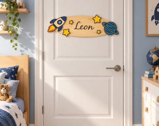 Personalized children's room door sign | Rocket, planet, stars, space | Wooden nameplate for boy, 44 cm | Gift for birth or christening