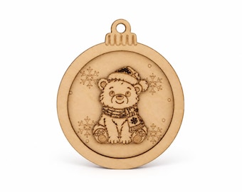 Wooden Christmas ornament, bear with hat | Christmas tree decoration, Christmas ball made of linden wood, 9 cm | Christmas gift tag