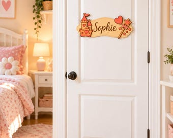 Personalized children's room door sign | Princess castle wand | Wooden nameplate for girls, 37 cm | Gift for birth or christening