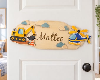 Personalized children's room door sign | Digger, helicopter, clouds | Wooden nameplate for boy, 42 cm | Gift for birth or christening