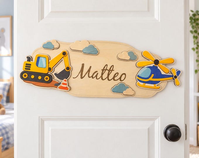 Personalized children's room door sign | Digger, helicopter, clouds | Wooden nameplate for boy, 42 cm | Gift for birth or christening