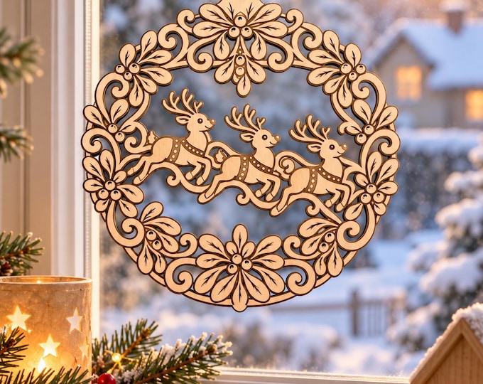 Christmas door sign made of wood, reindeer & mistletoe, laser-cut wall decoration, Christmas decoration, window decoration, gift idea, 30 cm