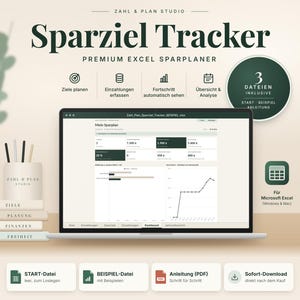 Könnte beinhalten: Ein digitaler Sparziel Tracker für Microsoft Excel. Die Benutzeroberfläche zeigt Finanzdaten, Fortschrittsbalken und Diagramme. Enthält Symbole für Ziele planen, Einzahlungen erfassen, Fortschritt sehen sowie eine Analyseübersicht.