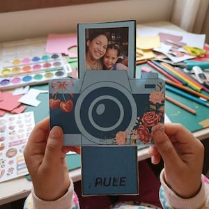 Puede incluir: Una cámara de papel azul con una foto rectangular de dos personas en la parte superior. La cámara presenta un diseño de lente central, ilustraciones de cerezas rojas a la izquierda y flores rosas a la derecha. La palabra RULE está impresa abajo.