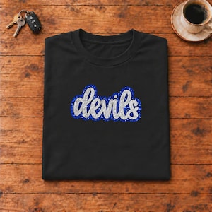 Devils Sweatshirt, Blue and Silver Glitter Look Script Shirt, Devils Spirit Hoodie