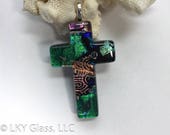 Rainbow Dichroic Glass Cross Pendant, Rainbow Dichroic Cross, Black Green Dichroic Pendant, Pink Green Stained Glass Cross, Chain, C0125