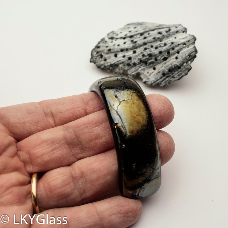 Custom Black Fused Glass Barrette CFRIBPT Black Iridescent Ponytail Barrette Black Metallic Hair Clip Iridized Pony Tail Barrette