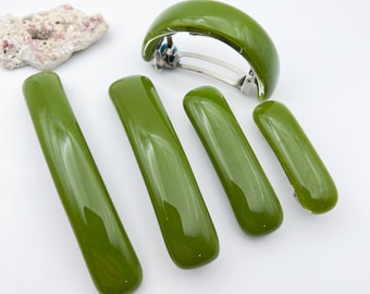 Avocado Green Hair Barrette, Green French Barrette, Dark Green Fused Glass Barrette, Rubber Backed Clip, Large, Medium, Small, AGC