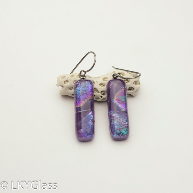 Chain Purple Dichroic Dangling Earring Unique Gift Set24 Purple Dichroic Glass Necklace Earring Set Purple Dichroic Pendant Earring Set