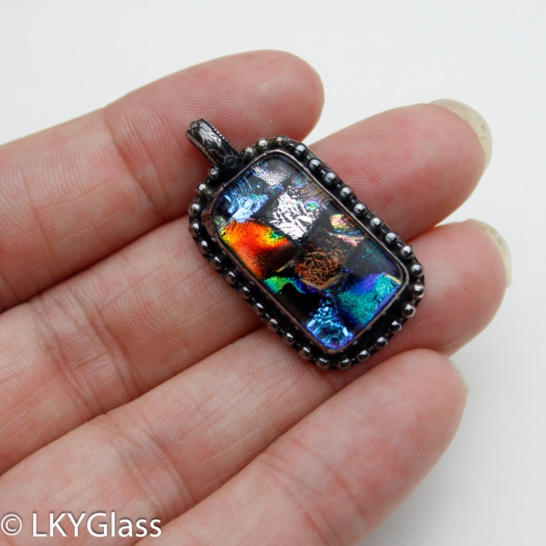 SSP47. Sterling Silver Jewelry Choker Pendant Chain Small Rainbow Fused Glass Pendant Blue Green Silver Brown Dichroic Glass Pendant
