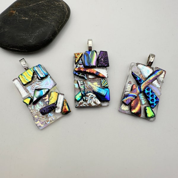 Highly Versatile Colorful Rainbow Clear Dichroic Glass Pendant, Multiple Colors Fused Glass Jewelry, Dichroic Pendant, Chain P0406-5 .
