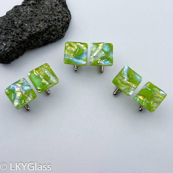 Green Dichroic Glass Cuff Links, Bright Green Fused Glass Cufflinks, Textured Dichroic Cuff Links, Lime Green Suit Accessories, CL0801