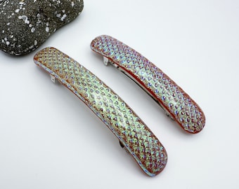 Green Gold Brown Diamond Dichroic Glass Barrette, Dichroic Hair Barrette, French Barrette, Thick Hair Barrette, Side Hair Barrette, GNX1 .