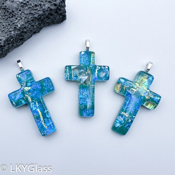 Colorful Green Blue Gold Dichroic Glass Cross Pendant, Dichroic Cross Jewelry, Dichroic Pendant, Multi-Color Cross, Chain, CR1316.