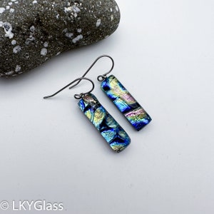 Handcrafted Blue Pink Dichroic Glass Earring, Unisex Fused Glass Earring, Womens Dangling Earring, Dangle Earring, Drop Earring, E1305-3 .